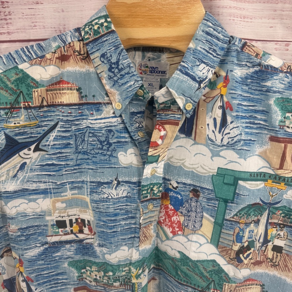 Reyn Spooner Shirt Mens XL Santa Catalina Island Fishing Short Sleeve Button - Picture 2 of 10